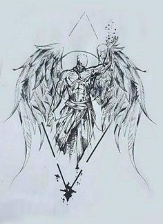 a drawing of an angel with wings on it's chest and two swords in his hand