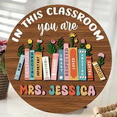 a wooden sign that says i'm this classroom you are, with books on it