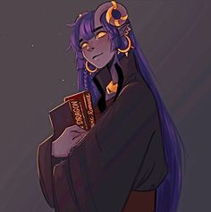 an anime character with purple hair and horns holding a book in her hands while standing against a dark background