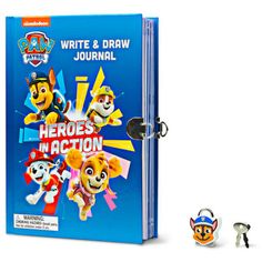 the paw patrol write and draw journal is next to it's keychain