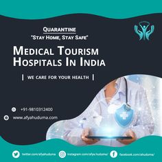 the medical tourism hospital in india flyer is shown with an image of a doctor holding a tablet