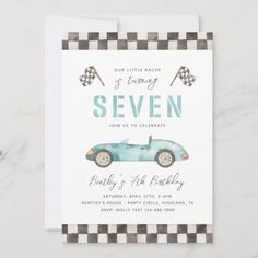 a blue car birthday party card with the words, our little racer is going to be one