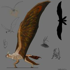 an artist's rendering of a large bird with long legs and wings, flying through the air