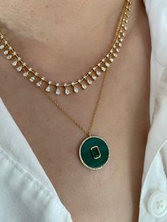 Auti Necklace – Kasia J. Elegant Green Round Chain Necklace, Designer Everyday Luxury Necklace, Detachable Round Pendant Chain Necklace, Baguette Diamond, Diamond Halo, Negative Energy, Bezel Setting, Halo Diamond, Diamond Pendant