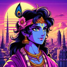 Shiva Anime Art, Krishna In Anime Style, Anime Krishna Drawing, Lord Krishna Anime Art, Lord Krishna Anime, Lord Krishna Illustration, Krishna Anime, Hinduism Facts