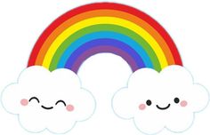 a rainbow and two clouds with faces drawn on the front, one is smiling at the other