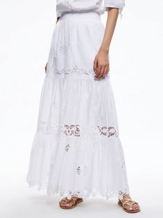 Reise Panelled Maxi Skirt In White | Alice And Olivia Alice And Olivia, Eyelet Lace, Day Of The Week, Female Artists, Alice Olivia, Lace Detail, Leather Skirt, Maxi Skirt, Fall Winter