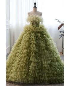 Get 10% off now! Buy princess formal green ruffled ballgown prom dress with feather at cheap price online. Free stable shipping and pro custom service since 2009. Light Green Outfit, Sage Prom Dress, Feather Outfit, Dress With Feathers, Sweep Train Prom Dress, Ruffle Prom Dress, Prom Dresses With Pockets, Corset Dress Prom, Purple Home