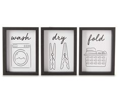 three black and white framed pictures with the words wash dry