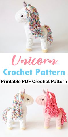 two crocheted unicorns are shown with text overlay