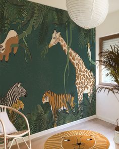 an animal themed wallpaper with zebras and giraffes