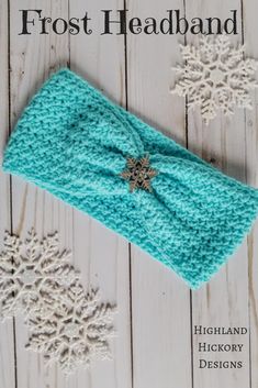 a crocheted headband with snowflakes around it and the words, frost headband