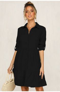 Turn Down Office Long Sleeve Mini Dress Middle Ages Dress, Black Long Sleeve Mini Dress, Solid Dress Shirt, Dress Shirt Sleeves, Long Shirt Dress, Black Shirt Dress, Long Sleeve Shirt Dress, Long Sleeve Mini, Long Sleeve Mini Dress