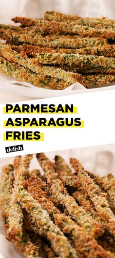 parmesan asparagus fries on a plate with the words parmesan asparagus fries