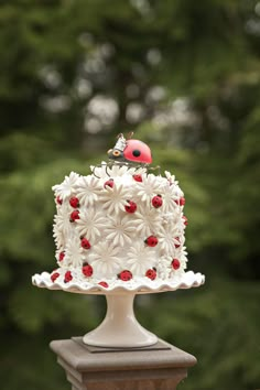 a cake with white frosting and red decorations