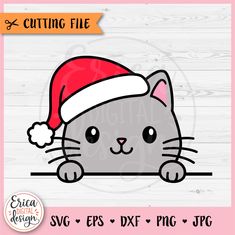 a gray cat wearing a santa hat on top of a wooden background with the text cutting file