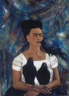 a painting of a woman with two birds on her shoulder, sitting in front of a blue background