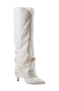 A slouchy shaft puts an exclamation point on the effortlessly chic design of a knee-high boot fashioned with a stiletto heel and pointy toe. 3 1/4" heel 15 1/2" shaft; 14 1/4" calf circumference Pull-on style Leather upper/textile and synthetic lining/synthetic sole Imported Elegant Wide Calf Knee-high Boots For Spring, Chic White Knee-high Boots For Formal Occasions, Elegant White Knee-high Boots With Pointed Toe, Elegant White High Heel Mid-calf Boots, Elegant Mid-calf Boots With Sculpted Heel For Spring, Elegant Spring Mid-calf Boots With Sculpted Heel, Elegant Knee-length Heeled Boots For Spring, Elegant White Pointed Toe Mid-calf Boots, Elegant Knee-high Boots For Spring