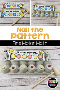 an egg carton with some eggs in it and the text nail the pattern fine motor math