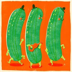 three green cucumbers with faces and legs, one has a guitar in its mouth