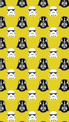 star wars helmets on yellow background with black and white stars in the sky behind them