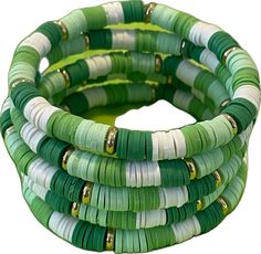 Adjustable Green Stackable Beaded Bracelets, Adjustable Stackable Green Beaded Bracelets, Adjustable Green Beaded Bracelets With Gold Beads, Adjustable Green Bracelets With Gold Beads, Green Beaded Bracelet With Gold Beads, Green Stackable Bangle Beaded Bracelets, Green Stackable Beaded Bangle Bracelets, Green Stretch Bangle With Colorful Beads, Green Stretch Bangle Bracelet With Colorful Beads