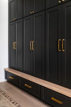 black cabinets with gold handles and drawers in a room