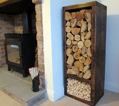 a firewood rack is next to a fireplace