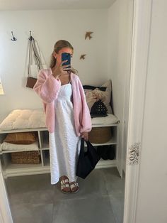 Hyperfeminine Outfit Winter, Scandinavian Fashion Spring 2024, Outfit Inspo For Church, Modest Pink Outfits, White Church Outfit, Summer Scandinavian Outfits, Spring Cardigan Outfit, Maxi Dress And Cardigan, Dress And Cardigan Outfit