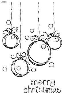 christmas balls hanging from strings with the words merry christmas written on them in black and white