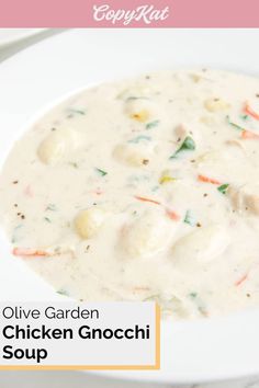 a bowl of chicken gnocchini soup on a white plate with the title above it