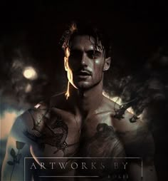 a man with tattoos on his chest standing in front of a dark background and the words artwork works by robin