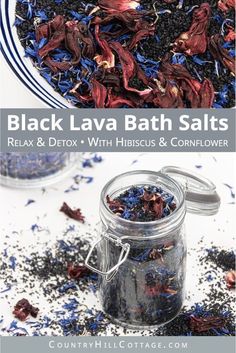 black lava bath salts with hibiscus and confllower in a jar