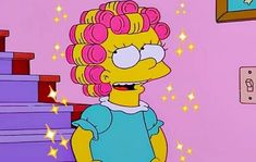 the simpsons character has pink hair and is wearing a blue dress with stars on it