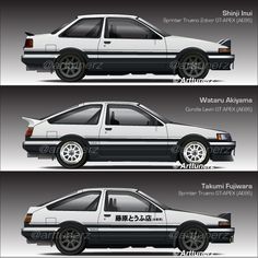 three different types of cars are shown in this graphic style, including the hatchback and hatchback