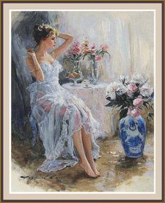 a painting of a woman sitting at a table next to a vase with flowers in it