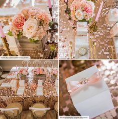 pink and white wedding decor with gold sequin tablecloths, napkins, flowers