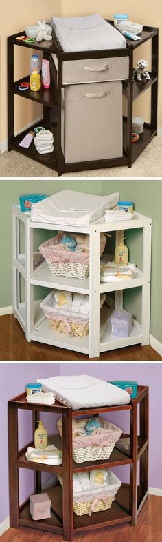 the baby changing table is made out of wood and has two shelves for diapers