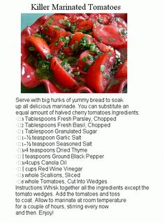 the recipe for killer marinated tomatoes is shown in an image above it's description