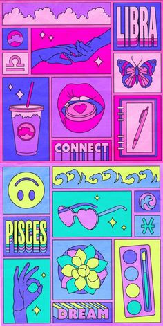 a poster with different types of items on it and the words libra, connect, pisces, dream