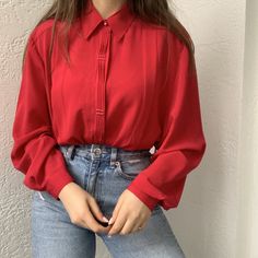 "Classic red shirt with beaded applications on the front.  100 % polyester  M E A S U R E M E N T S ✂ Taken one-sided, laying flat. DOUBLE for Chest ✩ Shoulders: 40 cm / 15,7\" Chest : 106 cm / 41,7\" Sleeve length 59/ 23,3\" Length: 59 cm / 23,2 \" classic red blouse, formal red blouse, polyester blouse, vintage red blouse, secretary red blouse, beaded red blouse, cotton red blouse, collared red blouse, cowboy style top," Jeans Outfit Korean, Funky Shirts, Red Shirt Dress, Fashion Tops Blouse, Red Blouse, Cowboy Style, Button Up Top, Modest Fashion Outfits, Red Shirt