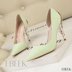 Ebeek - Elegant Metallic Floral Stiletto Wedding Shoes with Exquisite Cutouts and Pointed Toe in Golden Dust Green High Heel Wedding Shoes For Party, Green High Heel Wedding Shoes, Elegant Green Pointed Toe Wedding Shoes, Summer Wedding Shoes In Green, Green Wedding Shoes For Summer, Green Summer Wedding Shoes, Summer Wedding Green Shoes, Green High Heel Shoes For Wedding, Green High Heels For Wedding