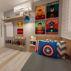 a bedroom with captain america posters on the wall and toys in the bedding area