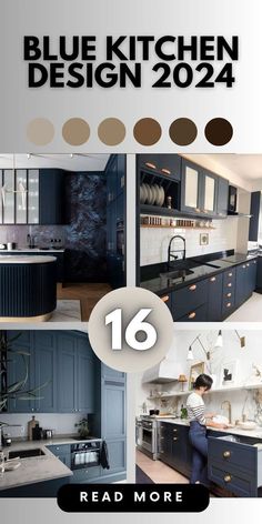 the blue kitchen design is featured in this article