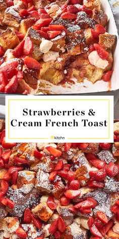 strawberries and cream french toast with powdered sugar on the top in a white dish