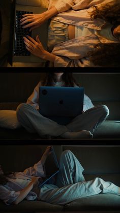 a woman sitting in bed using a laptop computer