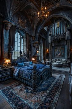 a large bedroom with an elaborate bed and chandelier