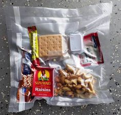 an assortment of snacks in a plastic bag