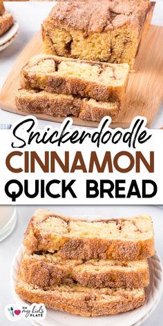 cinnamon quick bread on a cutting board with the words crockerdoodle cinnamon quick bread