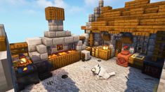 a screenshot of a minecraft village with fireplaces and other items on the ground